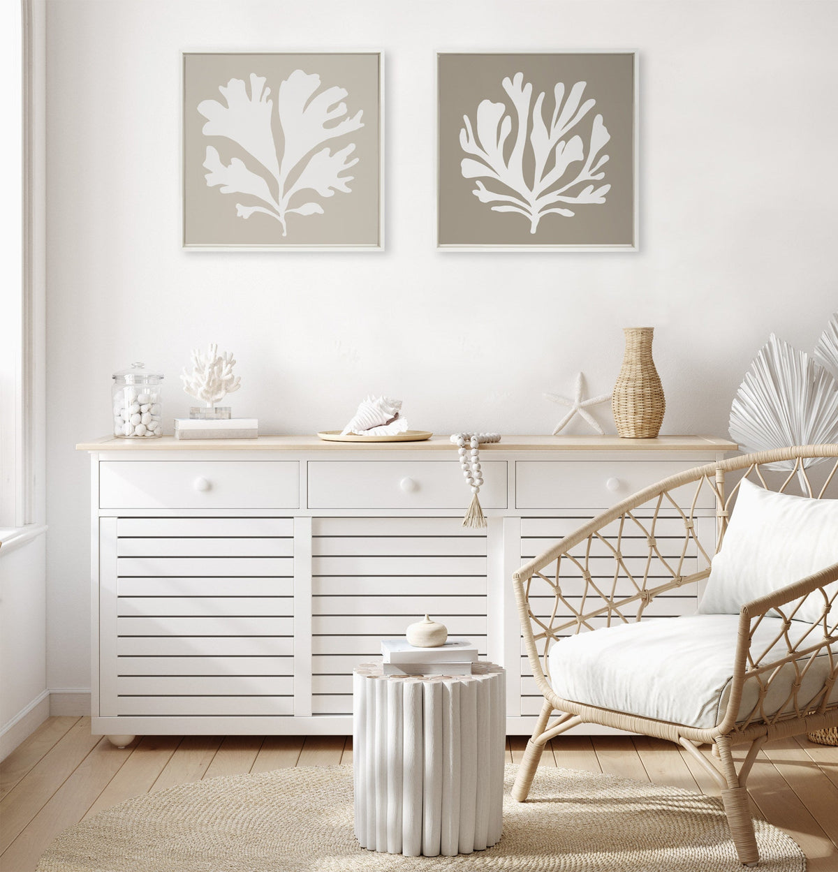 Sylvie Sophisticated Neutral Coral Tan Framed Canvas by The Creative Bunch Studio