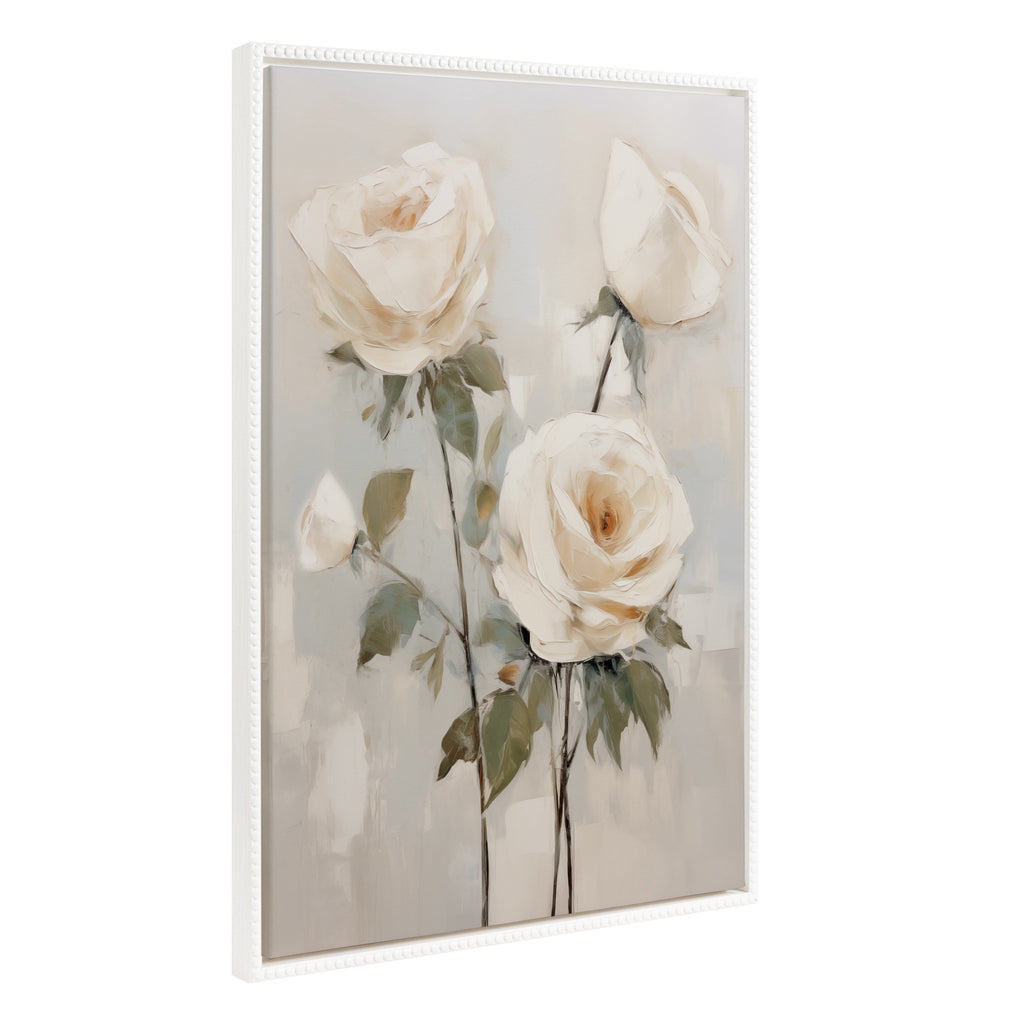 Sylvie Beaded Soft White Roses Framed Canvas by The Creative Bunch Studio