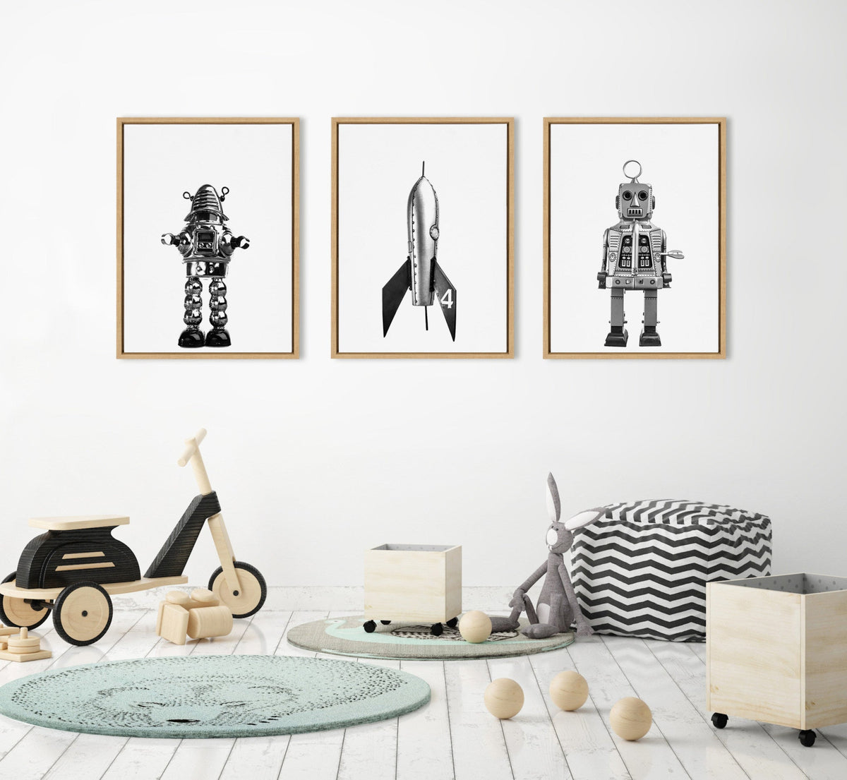 Sylvie Sparky Space Robot, No 4 Rocket and Robbey Robot Black and White Set Framed Canvas Art Set of 3 by Saint and Sailor Studios
