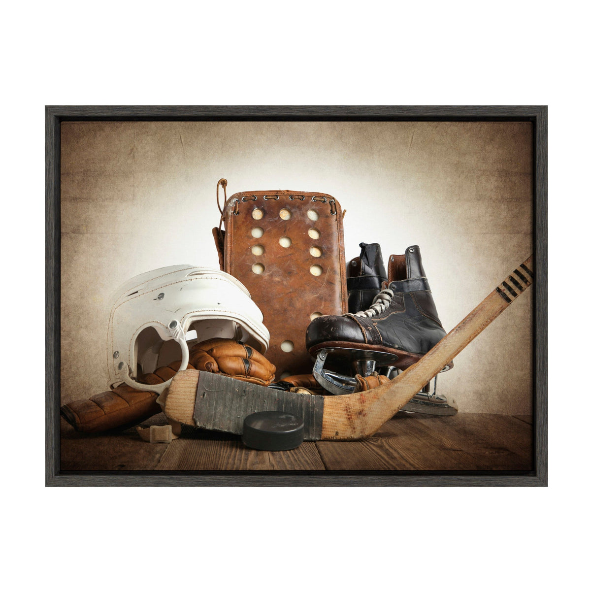 Sylvie Hockey Gear Framed Canvas by Shawn St. Peter