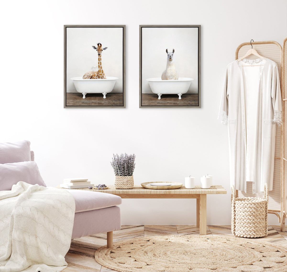 Sylvie Giraffe 2 in the Tub Color Framed Canvas by Amy Peterson Art Studio