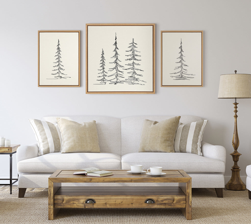 Sylvie Minimalist Evergreen Trees Sketch Framed Canvas by The Creative Bunch Studio