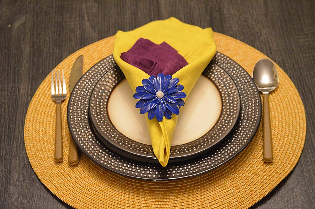 Vibhsa Blue Floral Napkin Rings | Set of 4, Pearl Accents, Handcrafted