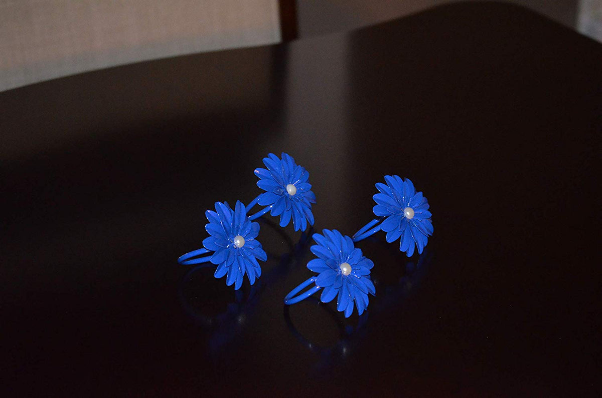 Vibhsa Blue Floral Napkin Rings | Set of 4, Pearl Accents, Handcrafted
