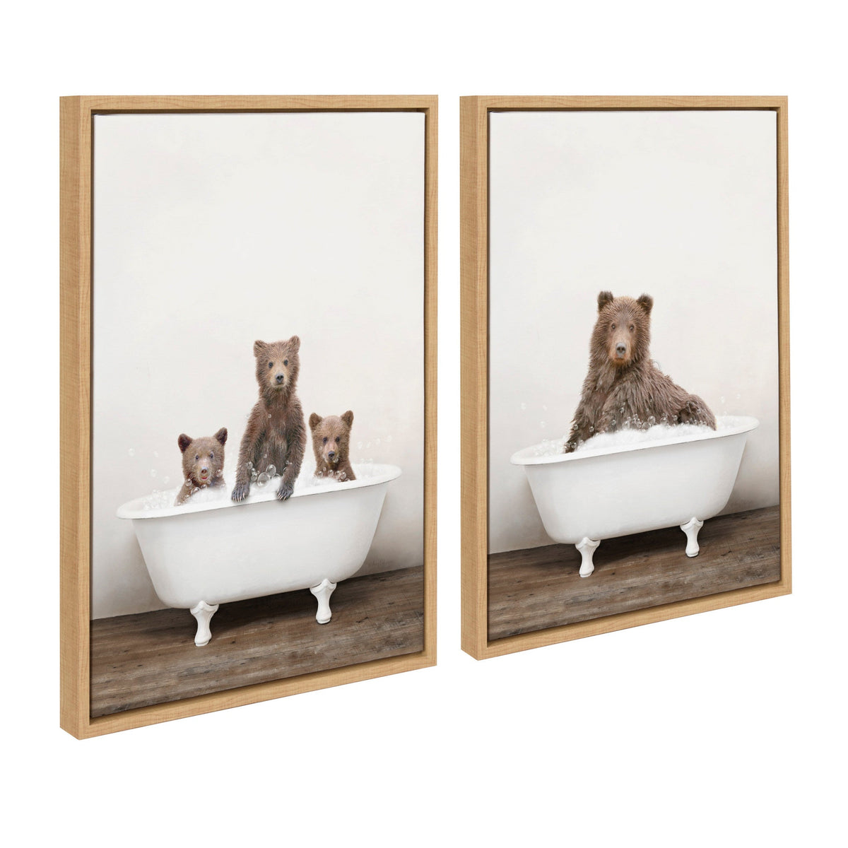 Sylvie Three Bears Rustic Bubble Bath and Bear Rustic Bubble Bath Framed Canvas Set of 2 by Amy Peterson Art Studio