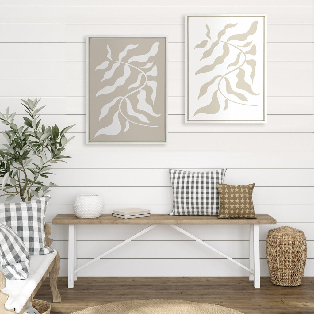 Sylvie Modern Matisse Inspired Botanical White on Beige and Beige on White Framed Canvas Set of 2 by The Creative Bunch Studio