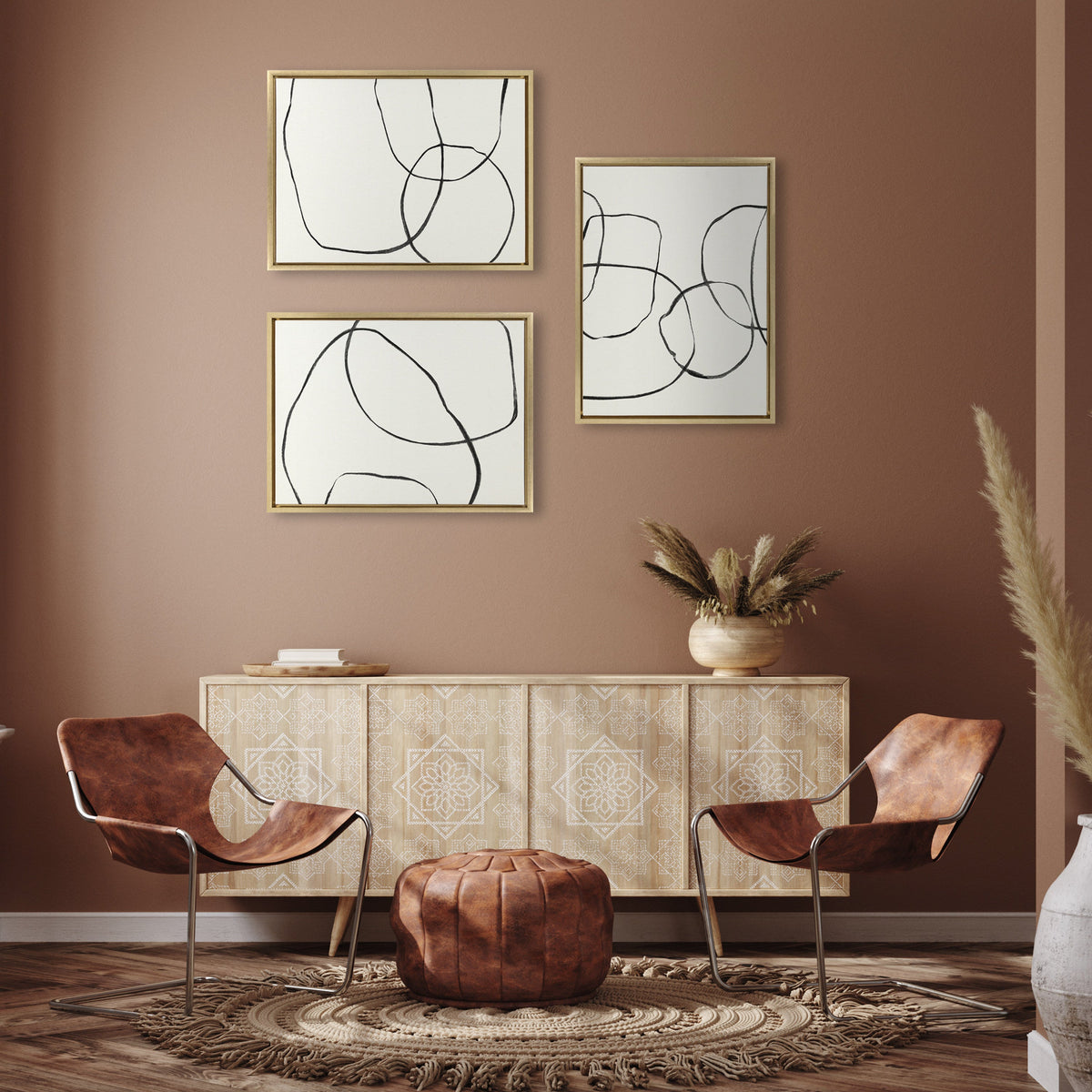 Sylvie Dancing Circles BW Framed Canvas Set of 3 by Teju Reval of SnazzyHues