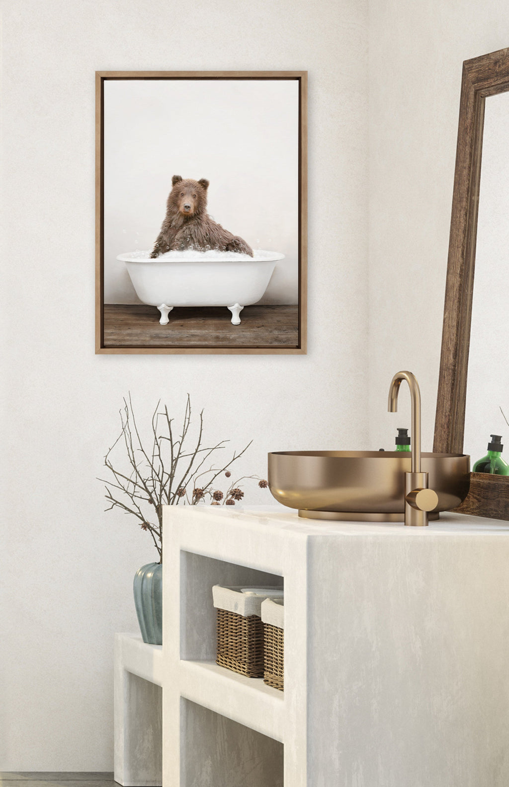 Sylvie Bear Rustic Bubble Bath Framed Canvas by Amy Peterson Art Studio