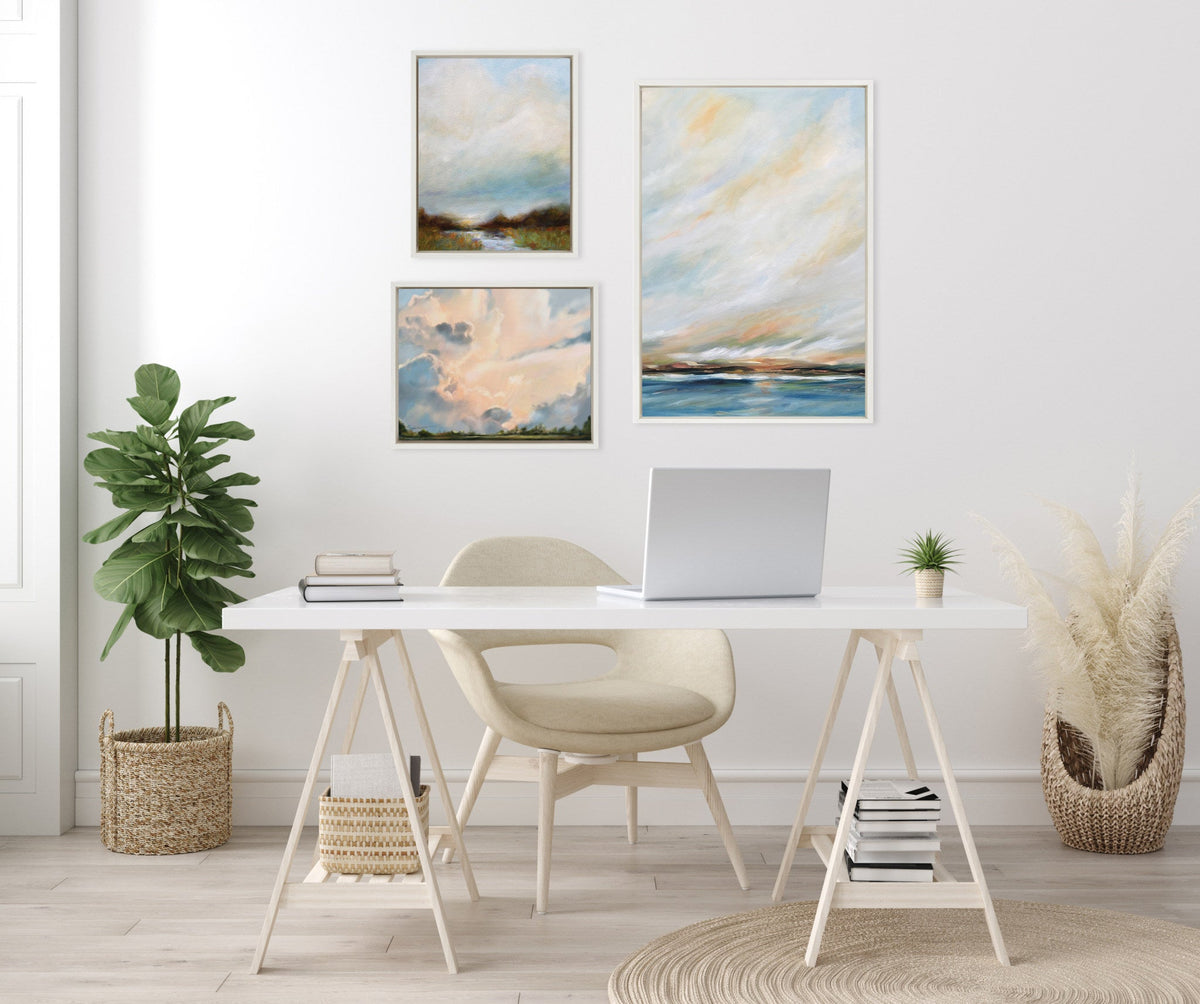 Sylvie Sunday Morning, Tranquility and Clouds Framed Canvas Art Set of 3 by Mary Sparrow