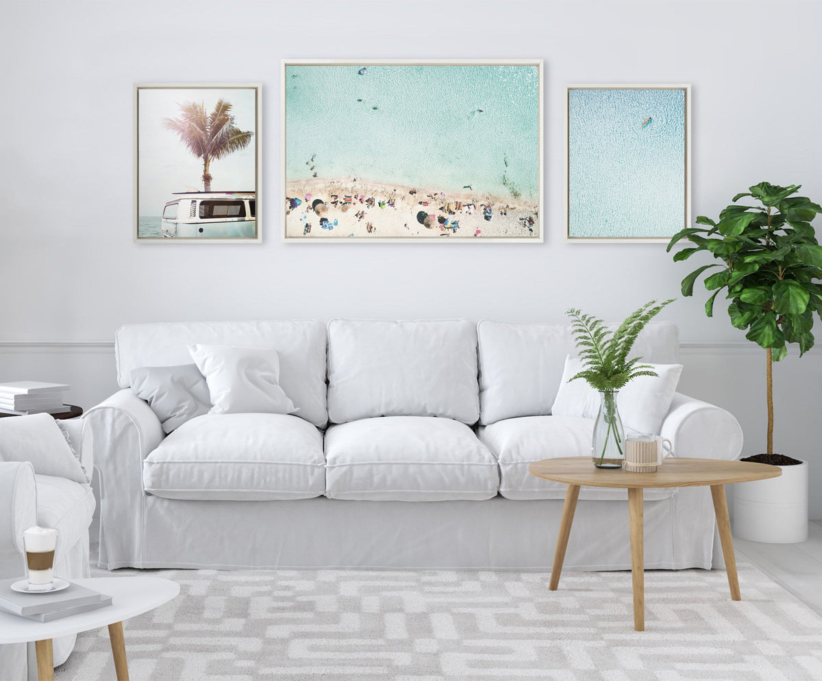 Sylvie Turquoise Beach from Above 2, Blue Beach Van and Woman Floating Framed Canvas Set of 3 by Amy Peterson Art Studio