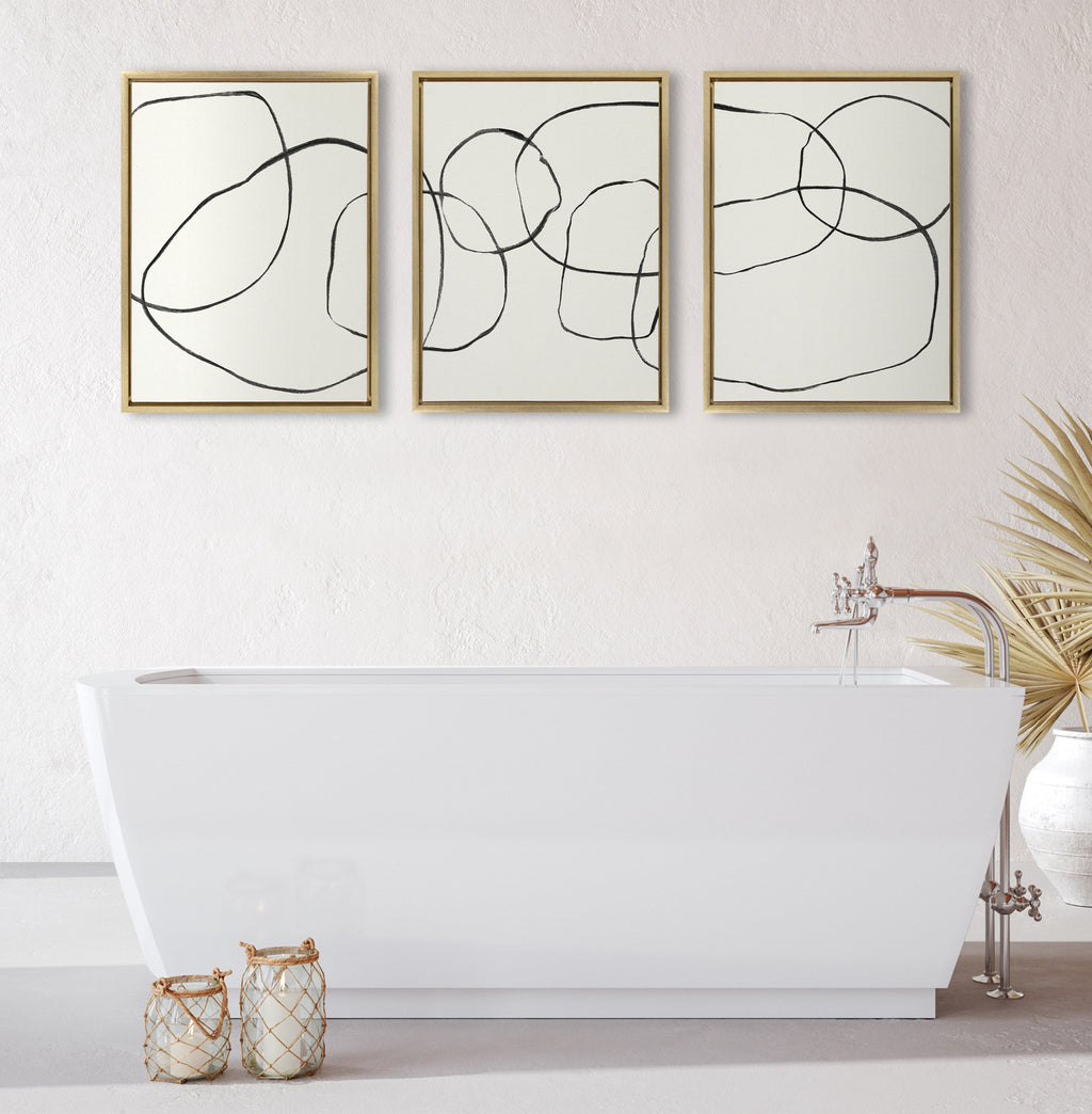 Sylvie Dancing Circles BW Framed Canvas Set of 3 by Teju Reval of SnazzyHues