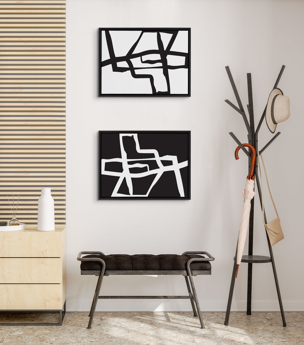 Sylvie Bold Sophisticated Abstract Black and White Stroke Framed Canvas Art Set of 2 by The Creative Bunch Studio