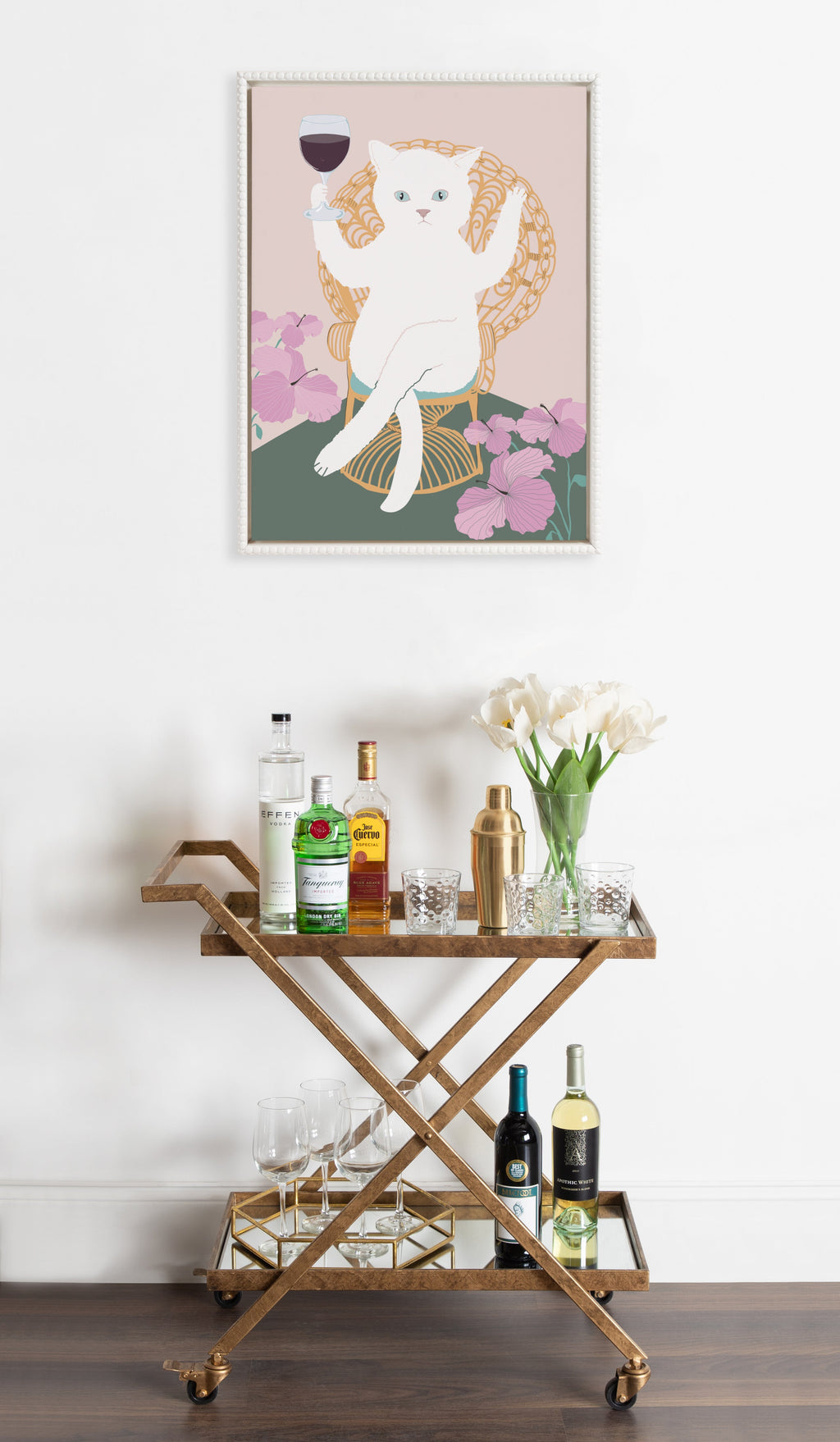 Sylvie Beaded Wine Cat II Framed Canvas by Honey Island Studio
