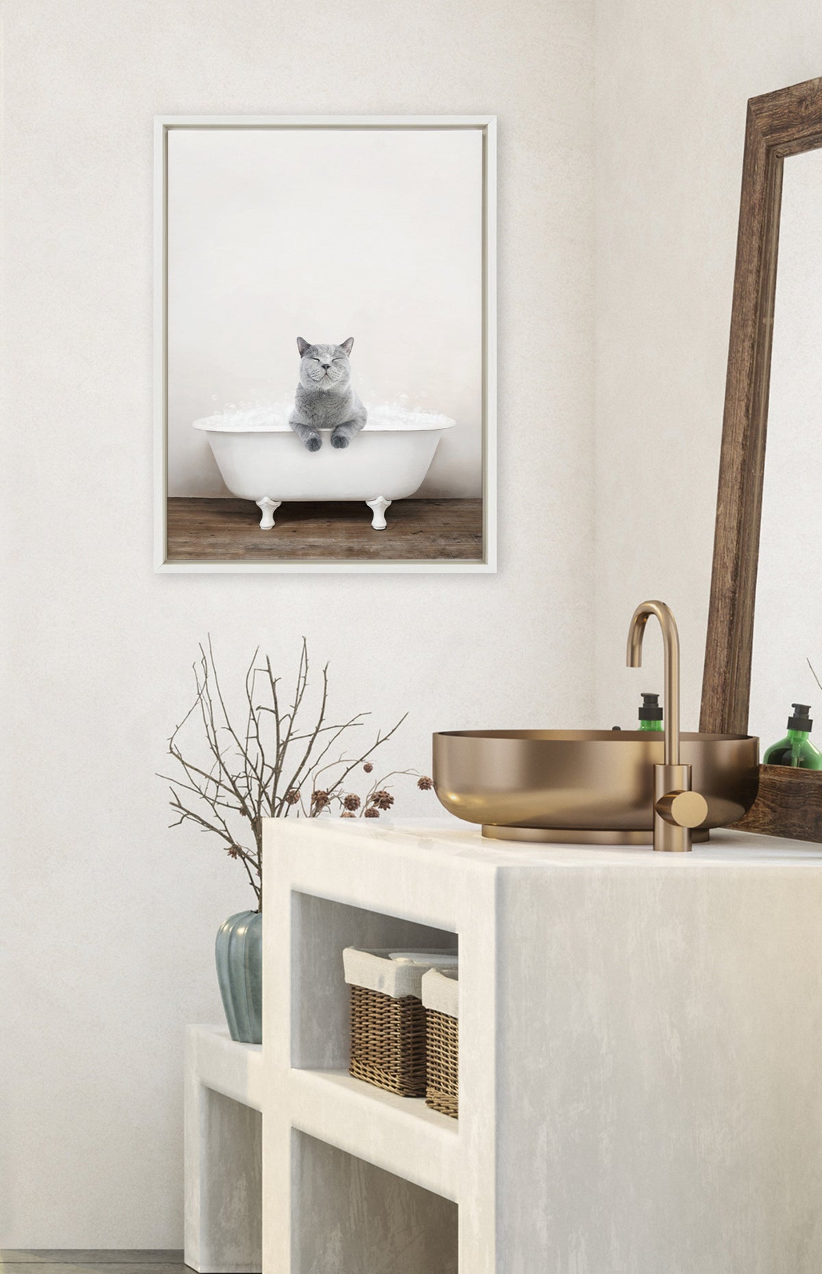 Sylvie Cat in Rustic Bath Framed Canvas by Amy Peterson Art Studio