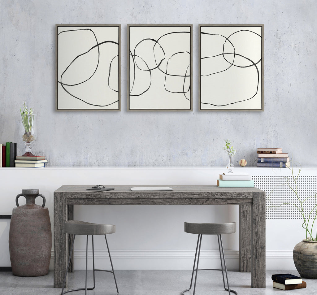 Sylvie Dancing Circles BW Framed Canvas Set of 3 by Teju Reval of SnazzyHues