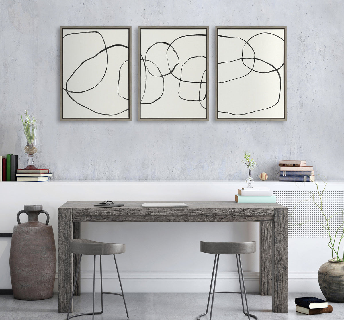 Sylvie Dancing Circles BW Framed Canvas Set of 3 by Teju Reval of SnazzyHues