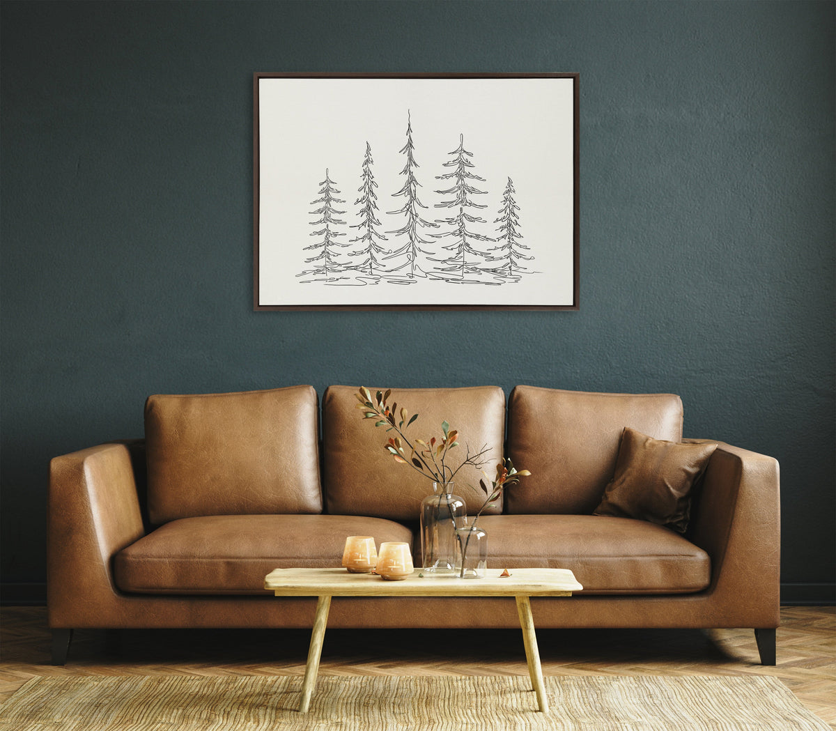 Sylvie Minimalist Evergreen Trees Sketch Framed Canvas by The Creative Bunch Studio