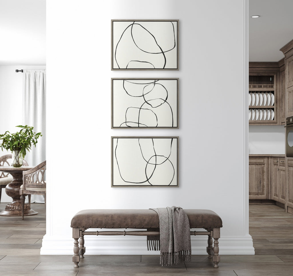 Sylvie Dancing Circles BW Framed Canvas Set of 3 by Teju Reval of SnazzyHues