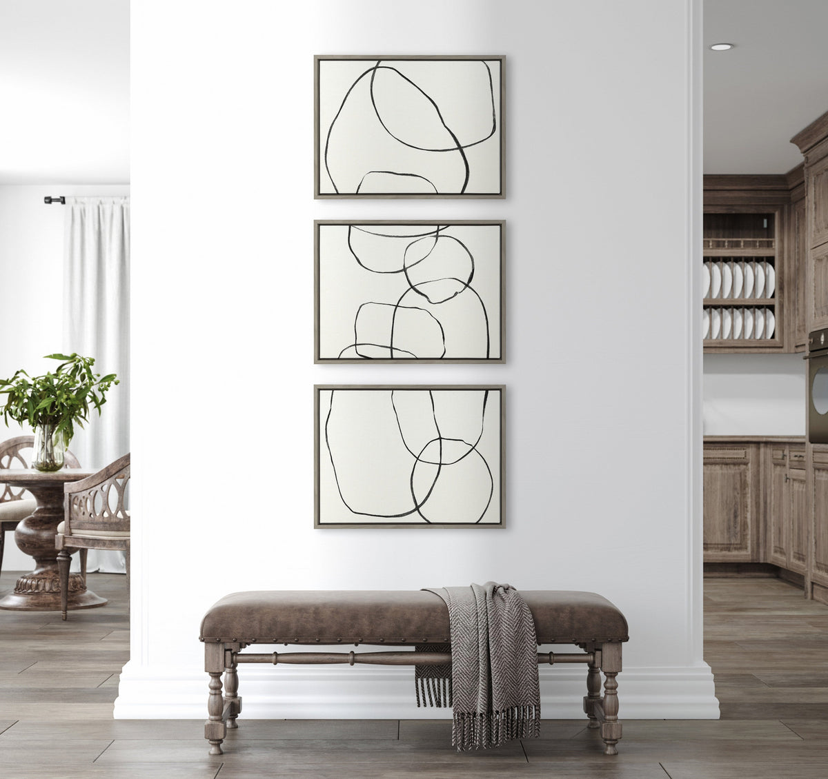 Sylvie Dancing Circles BW Framed Canvas Set of 3 by Teju Reval of SnazzyHues