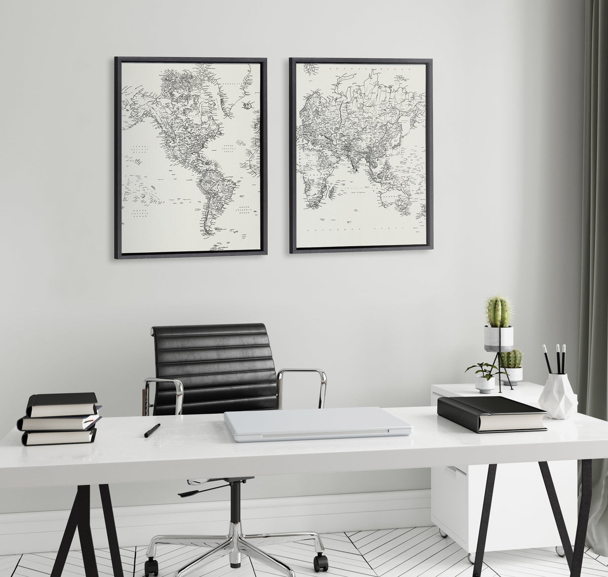 Sylvie Vintage Black and White World Map Framed Canvas Set of 2 by The Creative Bunch Studio