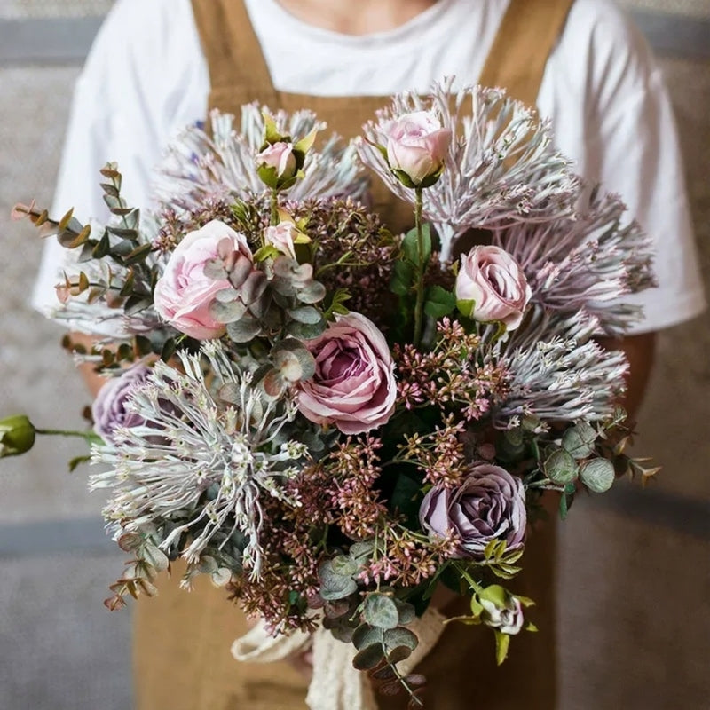 Rustic Lavender Bloom Artificial Rose Bouquet – 18.9" Tall