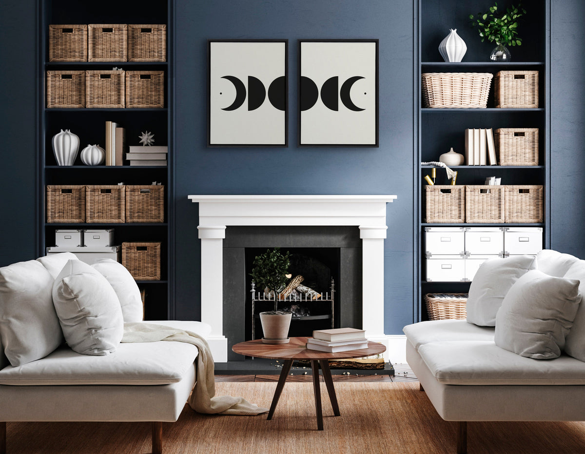 Sylvie Modern Geometric Moon Phases Framed Canvas Set of 2 by The Creative Bunch Studio