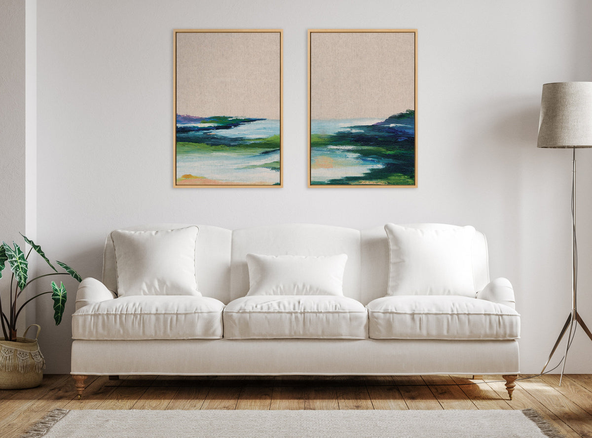 Sylvie Lake Huron I and II Neutral Linen Framed Canvas Art Set of 2 by Nikita Jariwala