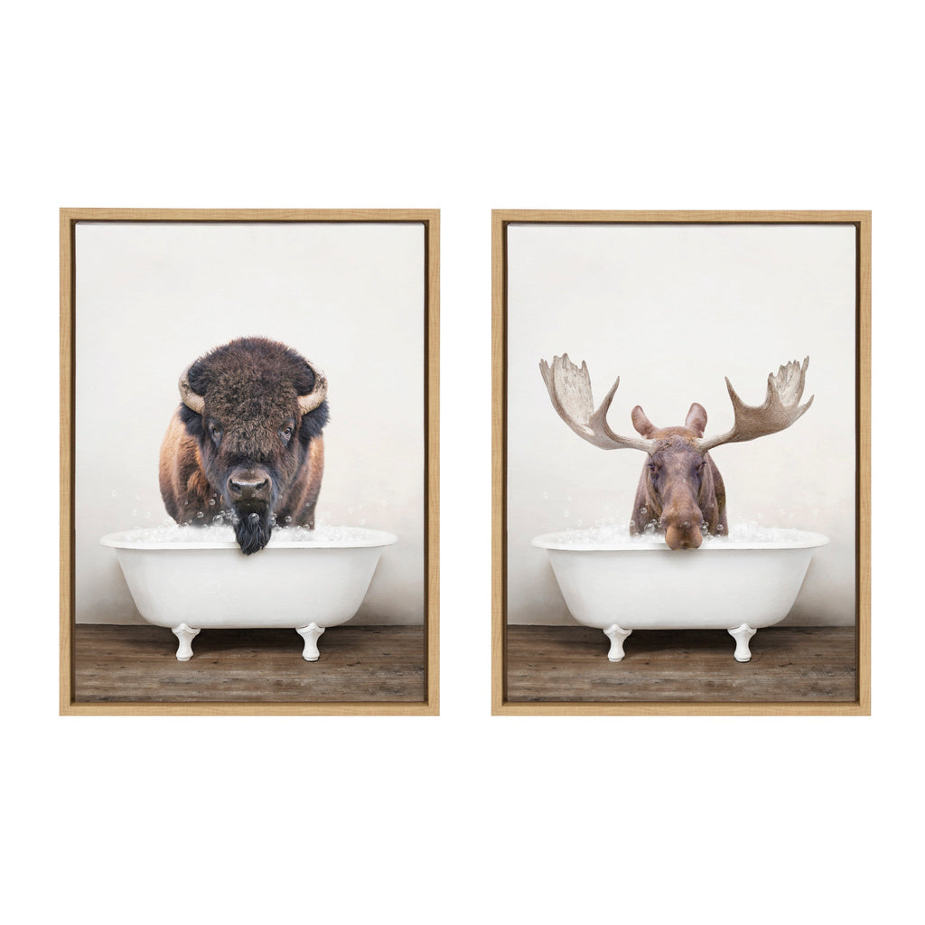 Sylvie Bison Rustic Bubble Bath and Moose Rustic Bubble Bath Framed Canvas Set of 2 by Amy Peterson Art Studio