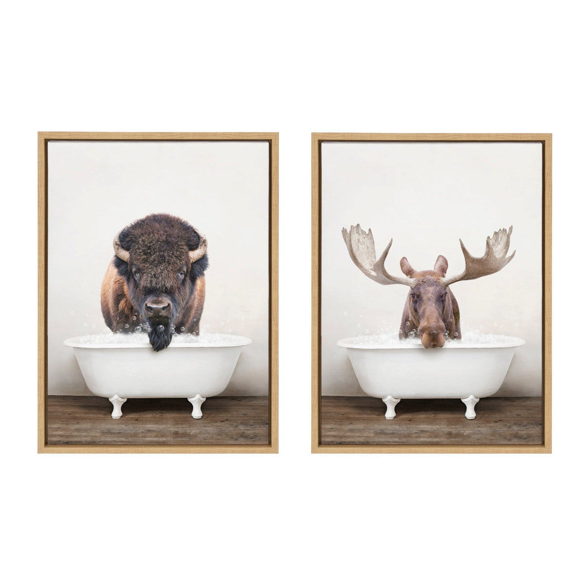 Sylvie Bison Rustic Bubble Bath and Moose Rustic Bubble Bath Framed Canvas Set of 2 by Amy Peterson Art Studio