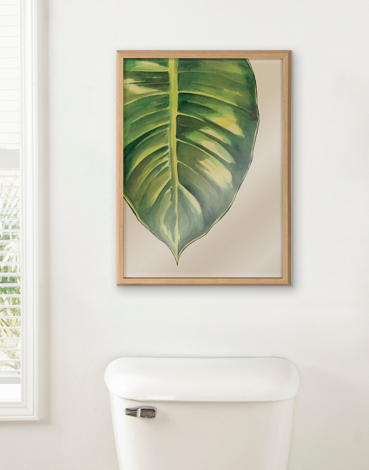 Blake Large Leaf Greener Hue Neutral Framed Printed Glass by Emily Marie Watercolors