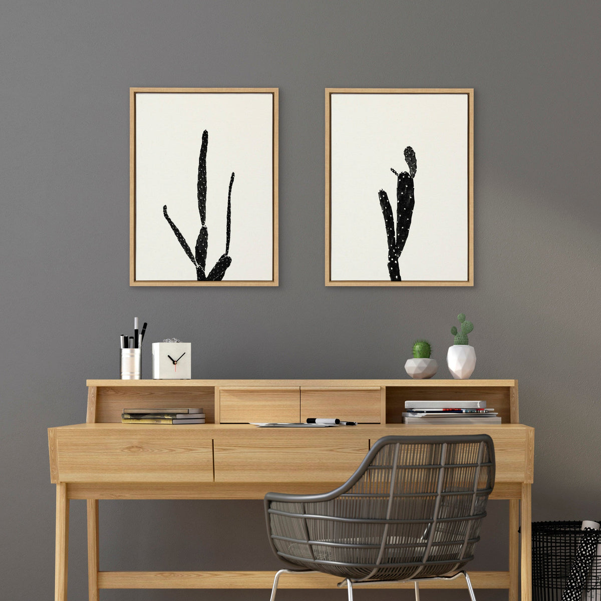 Sylvie Black and White Vintage Film Grain Cactus 1 and 2 Framed Canvas Set of 2 by Stephanie Klatt