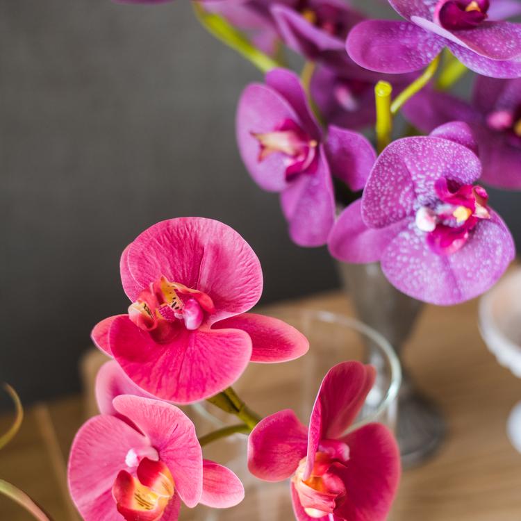 Artificial Silk-Look Real Touch Orchid Short Stem in Purple or Velvet Red 13" Tall