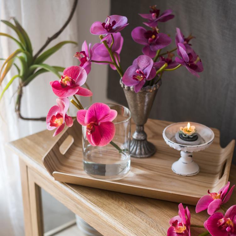 Artificial Silk-Look Real Touch Orchid Short Stem in Purple or Velvet Red 13" Tall