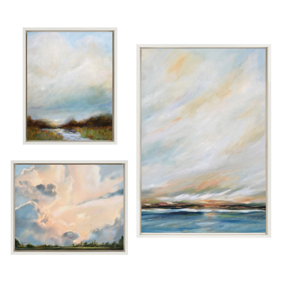 Sylvie Sunday Morning, Tranquility and Clouds Framed Canvas Art Set of 3 by Mary Sparrow