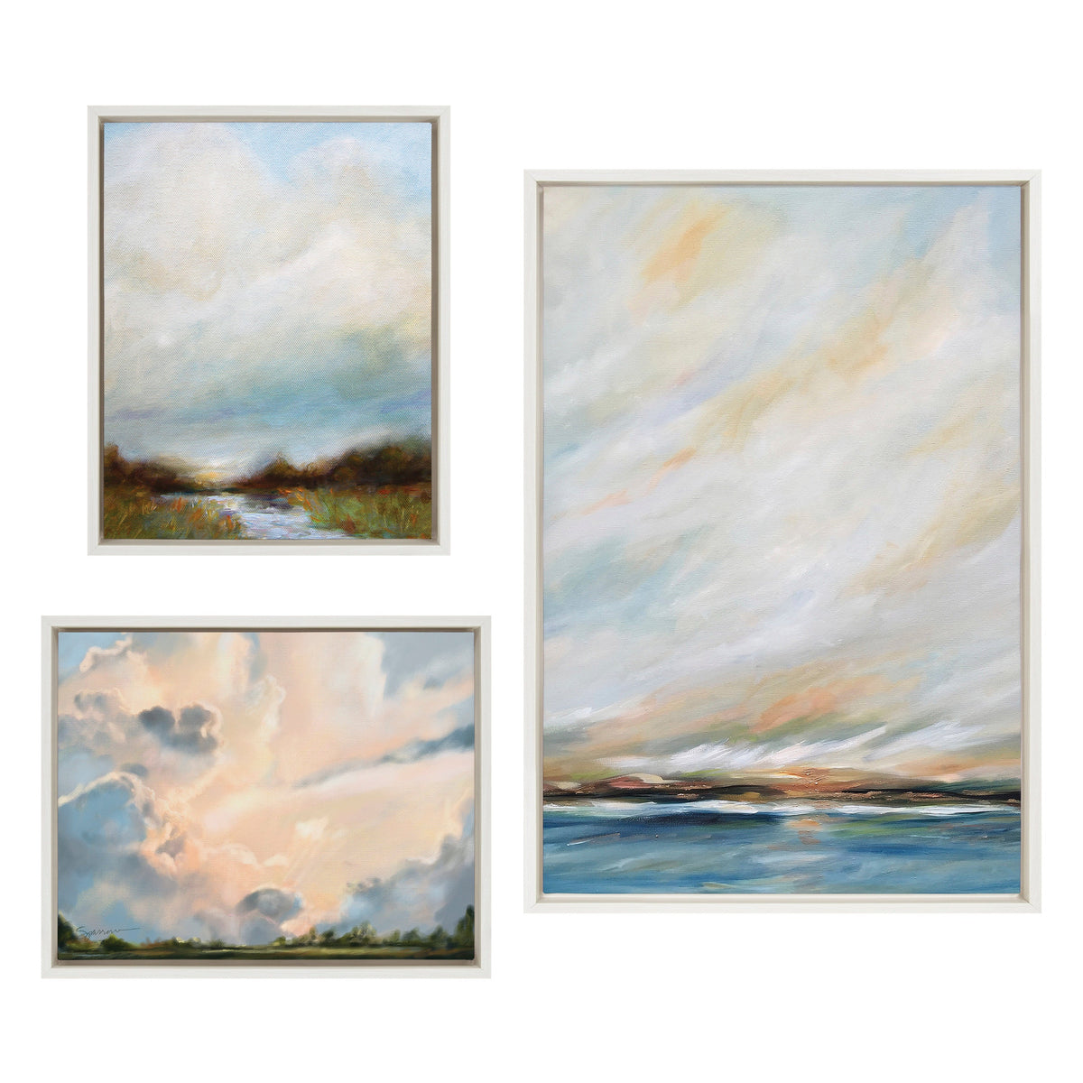 Sylvie Sunday Morning, Tranquility and Clouds Framed Canvas Art Set of 3 by Mary Sparrow