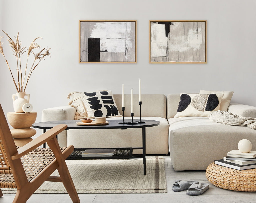 Sylvie Line 1 Left and Right Neutral Linen Framed Canvas Art Set of 2 by Nikita Jariwala