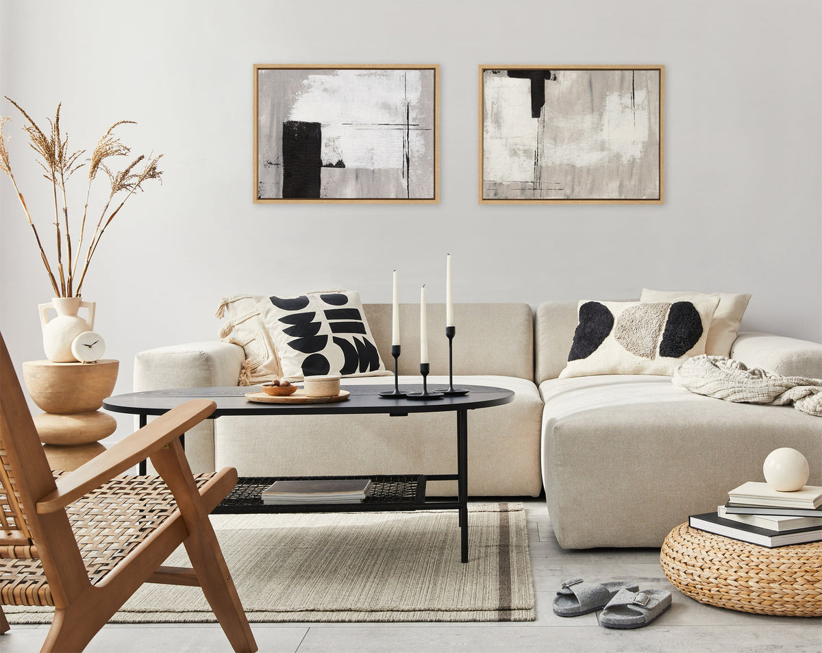 Sylvie Line 1 Left and Right Neutral Linen Framed Canvas Art Set of 2 by Nikita Jariwala