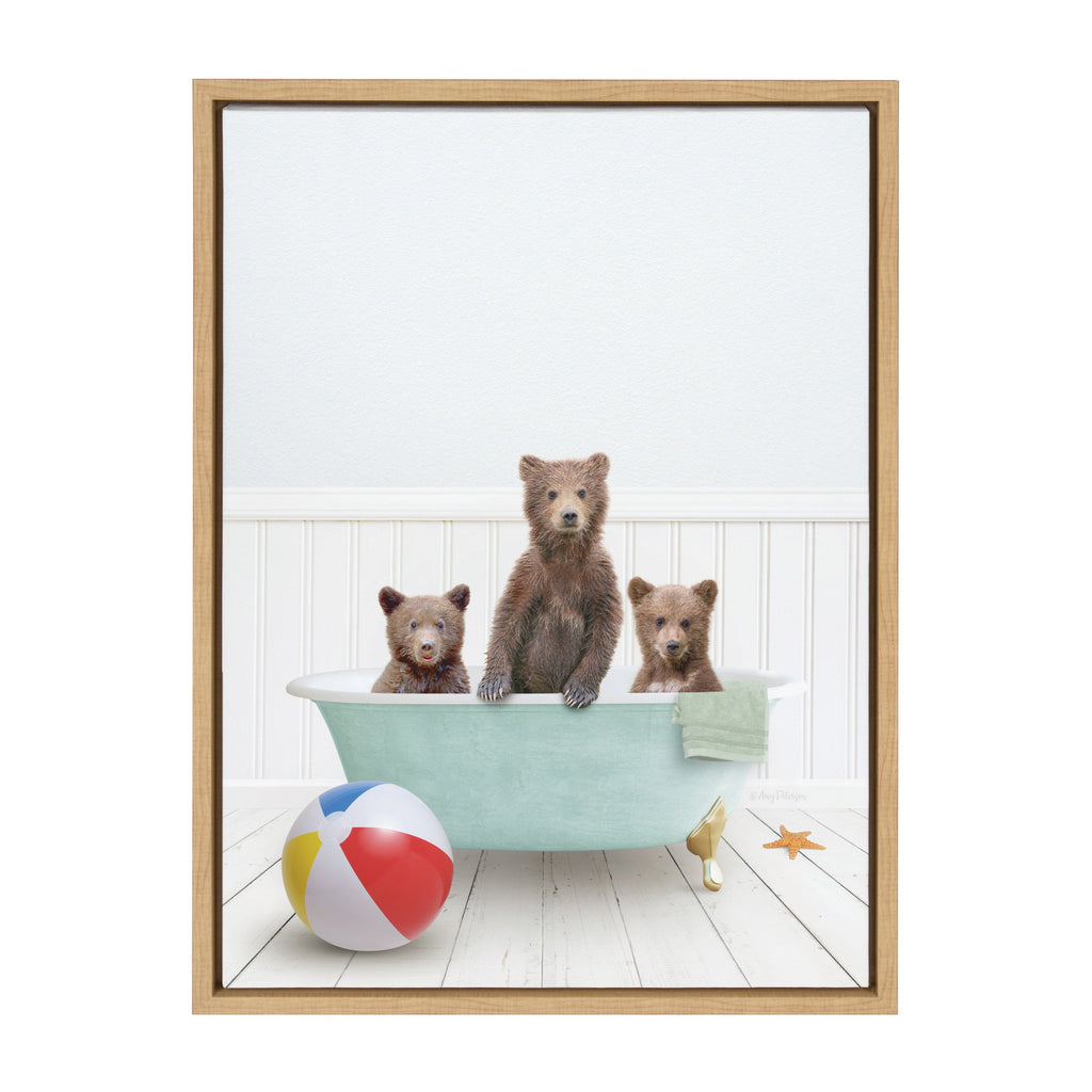 Sylvie Three Bear Cubs In Beach House Bath Framed Canvas by Amy Peterson