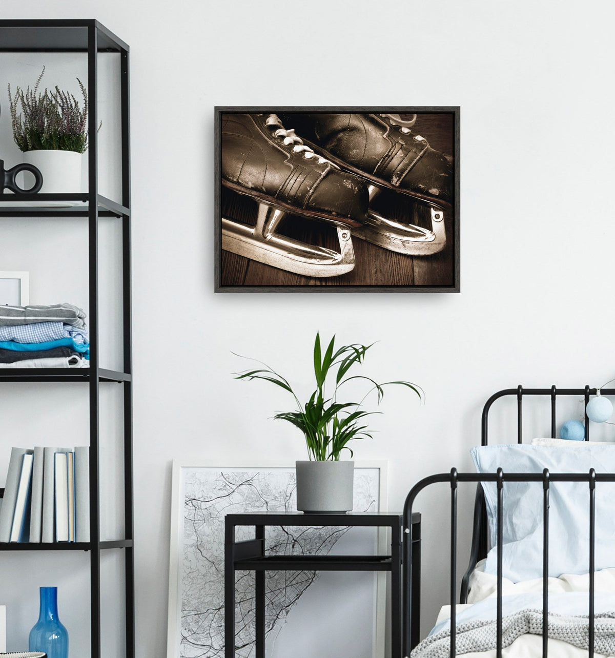 Sylvie Leather Hockey Skates Framed Canvas By Shawn St. Peter