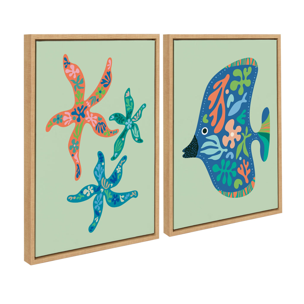 Sylvie Modern Colorful Starfish and Modern Colorful Tropical Fish Framed Canvas Art Set of 2 by Rachel Lee