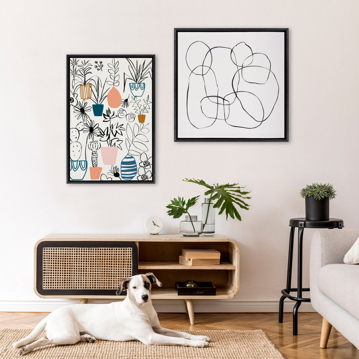 Sylvie Dancing Circles Black and Soft White Framed Canvas by Teju Reval of SnazzyHues