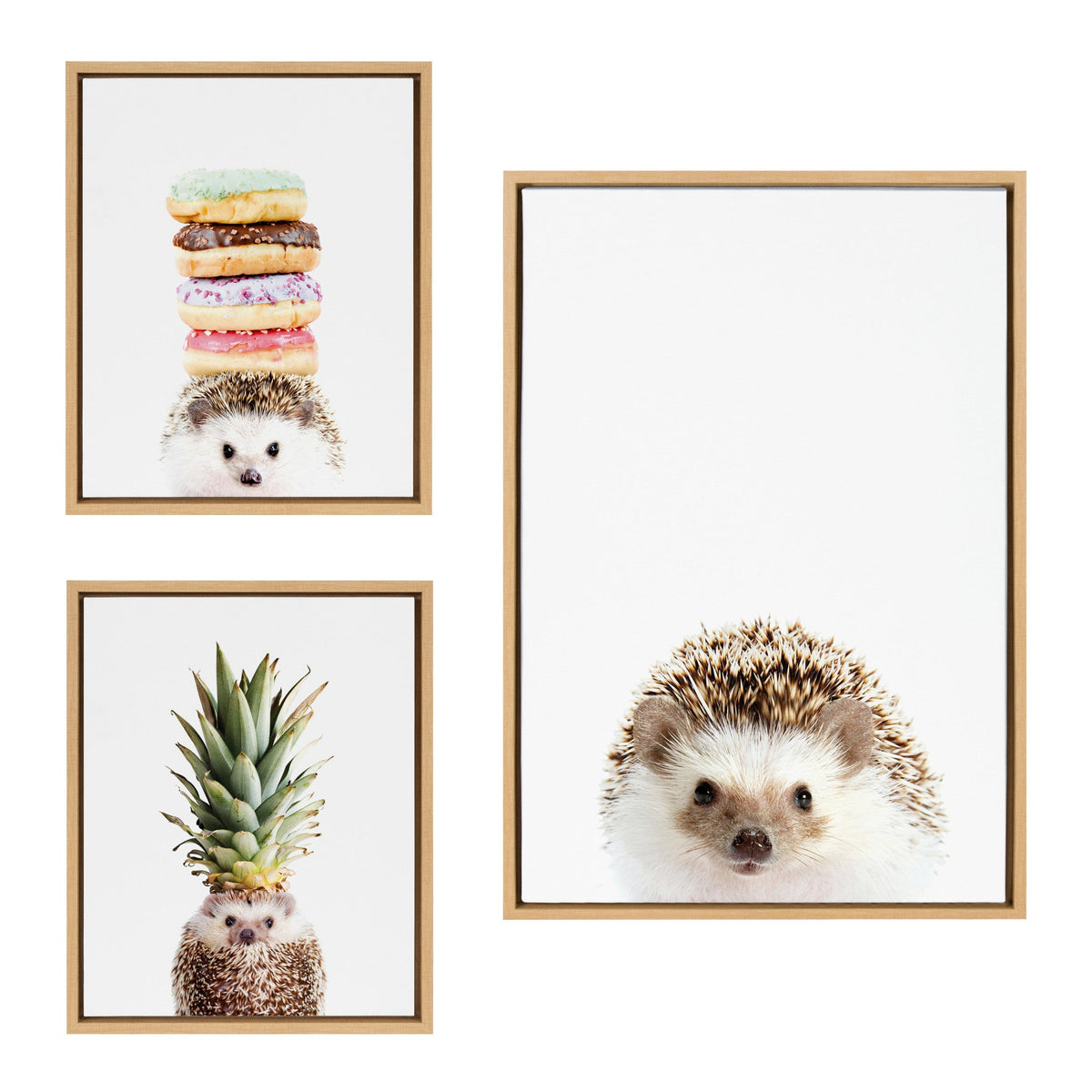 Sylvie Hedgehog, Hedgehog Donuts and Hedgehog Pineapple Framed Canvas Art Set of 3 by Amy Peterson Art Studio