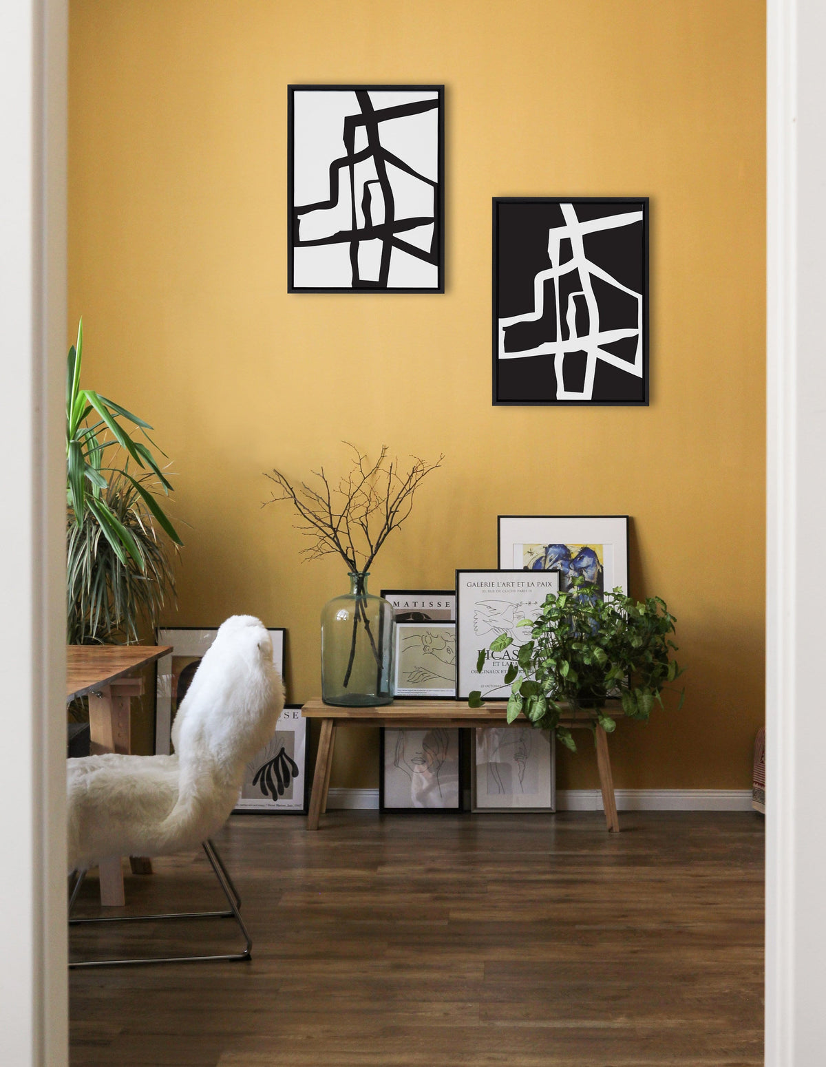 Sylvie Bold Sophisticated Abstract Black and White Stroke Framed Canvas Art Set of 2 by The Creative Bunch Studio