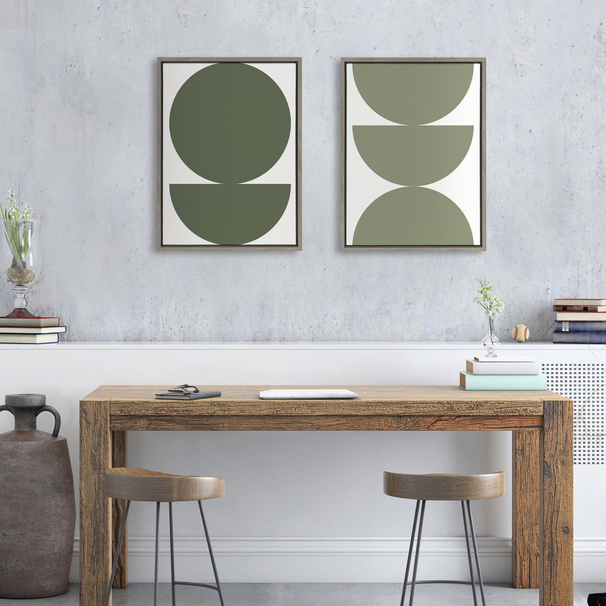 Sylvie Earthy Boho Geometric 1 Olive Green and Earthy Boho Geometric 2 Sage Green Framed Canvas Set of 2 by The Creative Bunch Studio