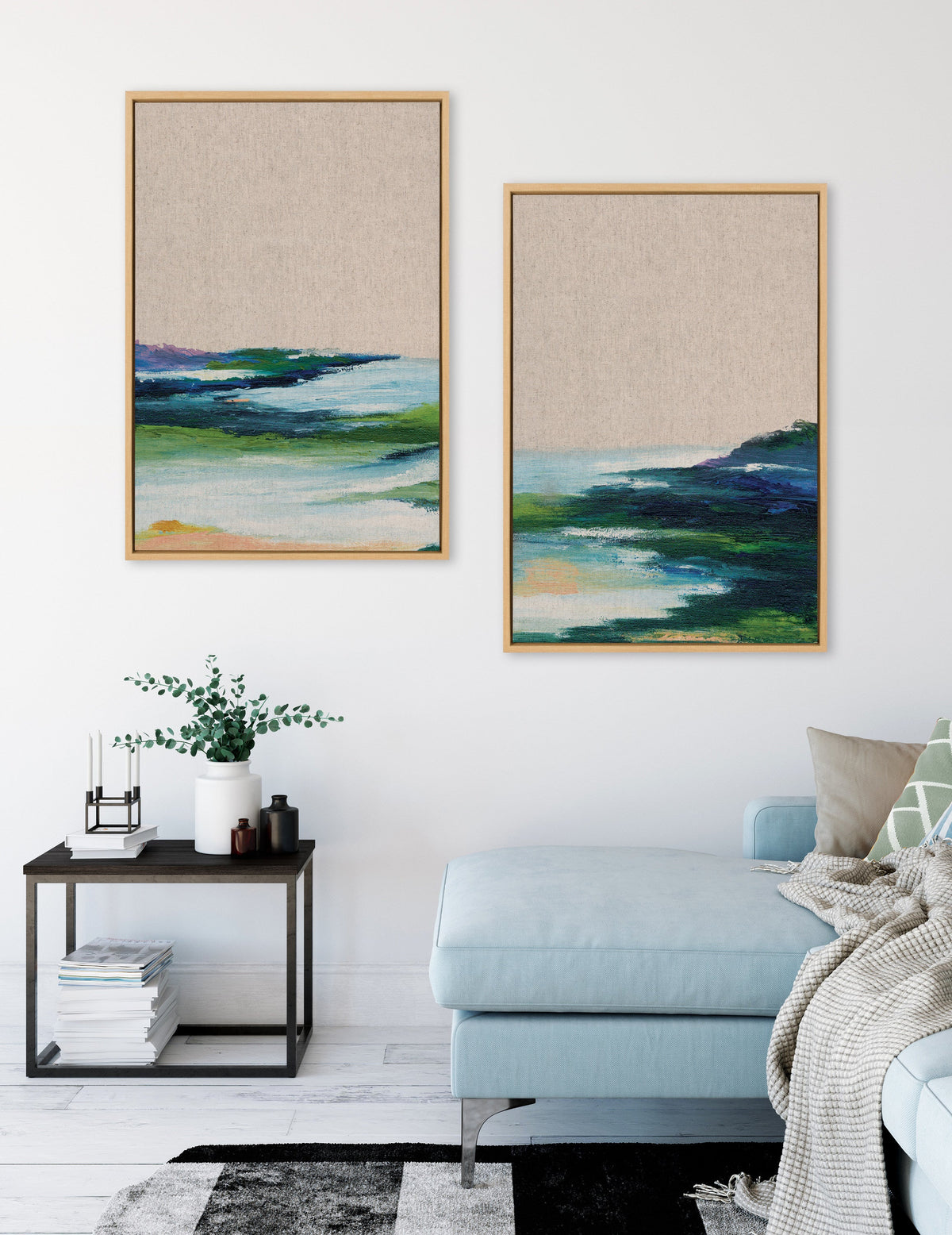 Sylvie Lake Huron I and II Neutral Linen Framed Canvas Art Set of 2 by Nikita Jariwala