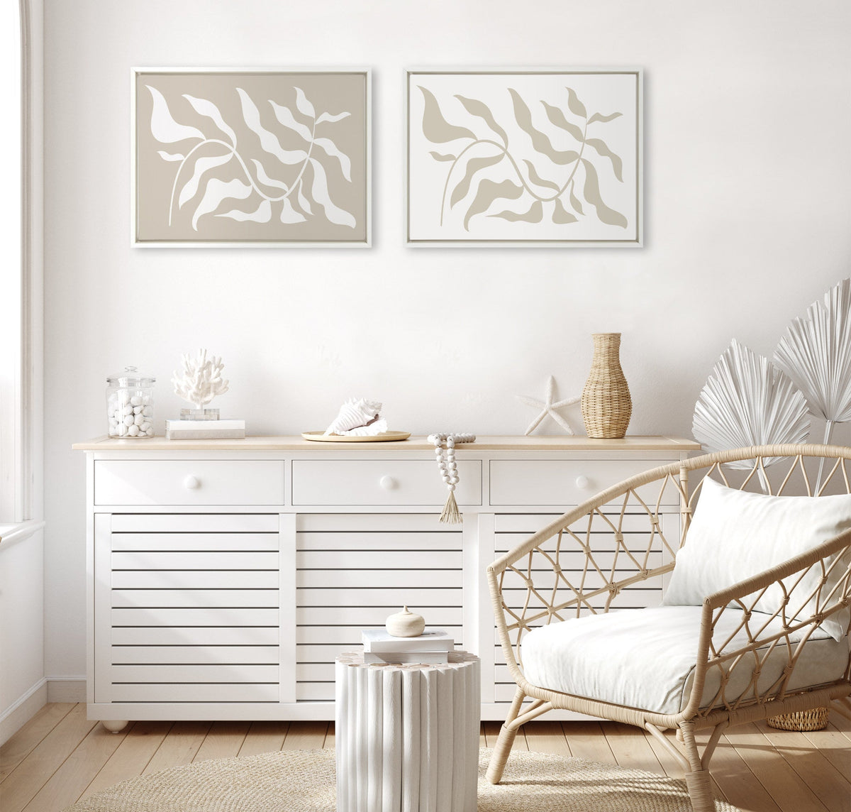 Sylvie Modern Matisse Inspired Botanical White on Beige and Beige on White Framed Canvas Set of 2 by The Creative Bunch Studio