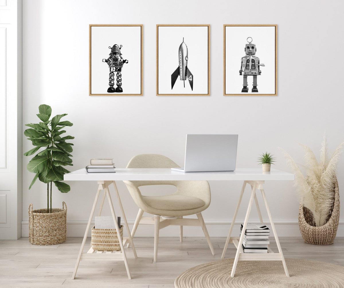 Sylvie Sparky Space Robot, No 4 Rocket and Robbey Robot Black and White Set Framed Canvas Art Set of 3 by Saint and Sailor Studios