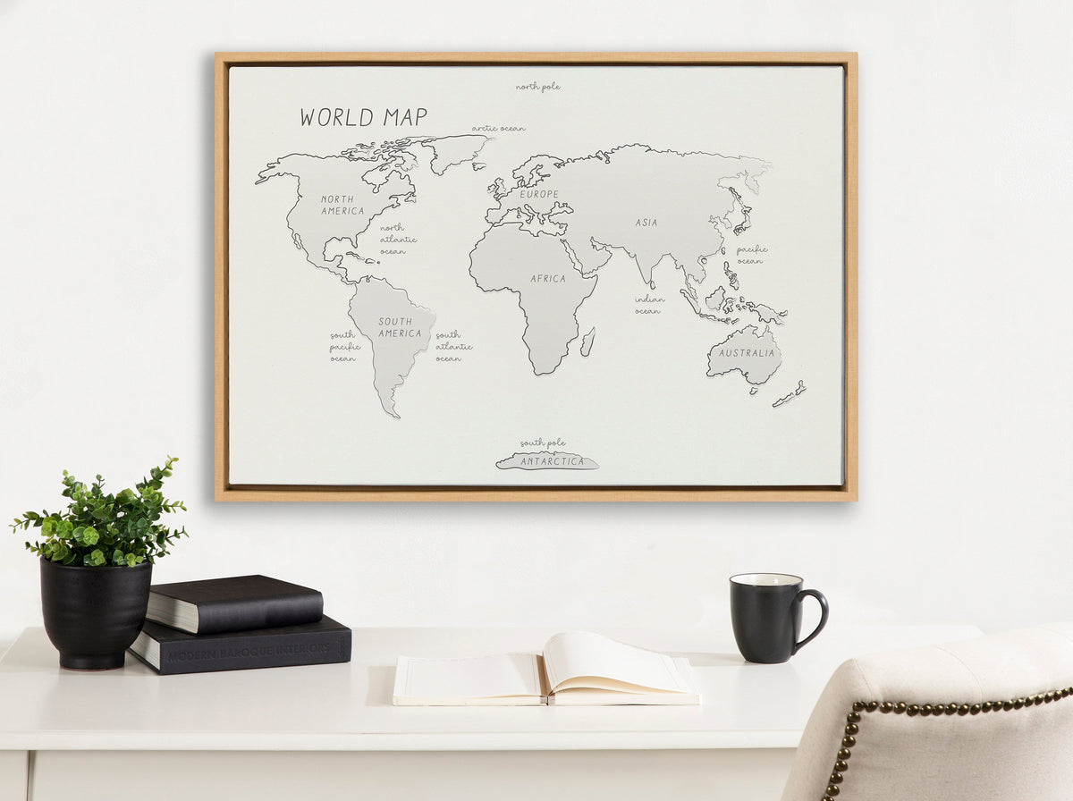 Sylvie World Map Sketch Framed Canvas by Teju Reval of SnazzyHues