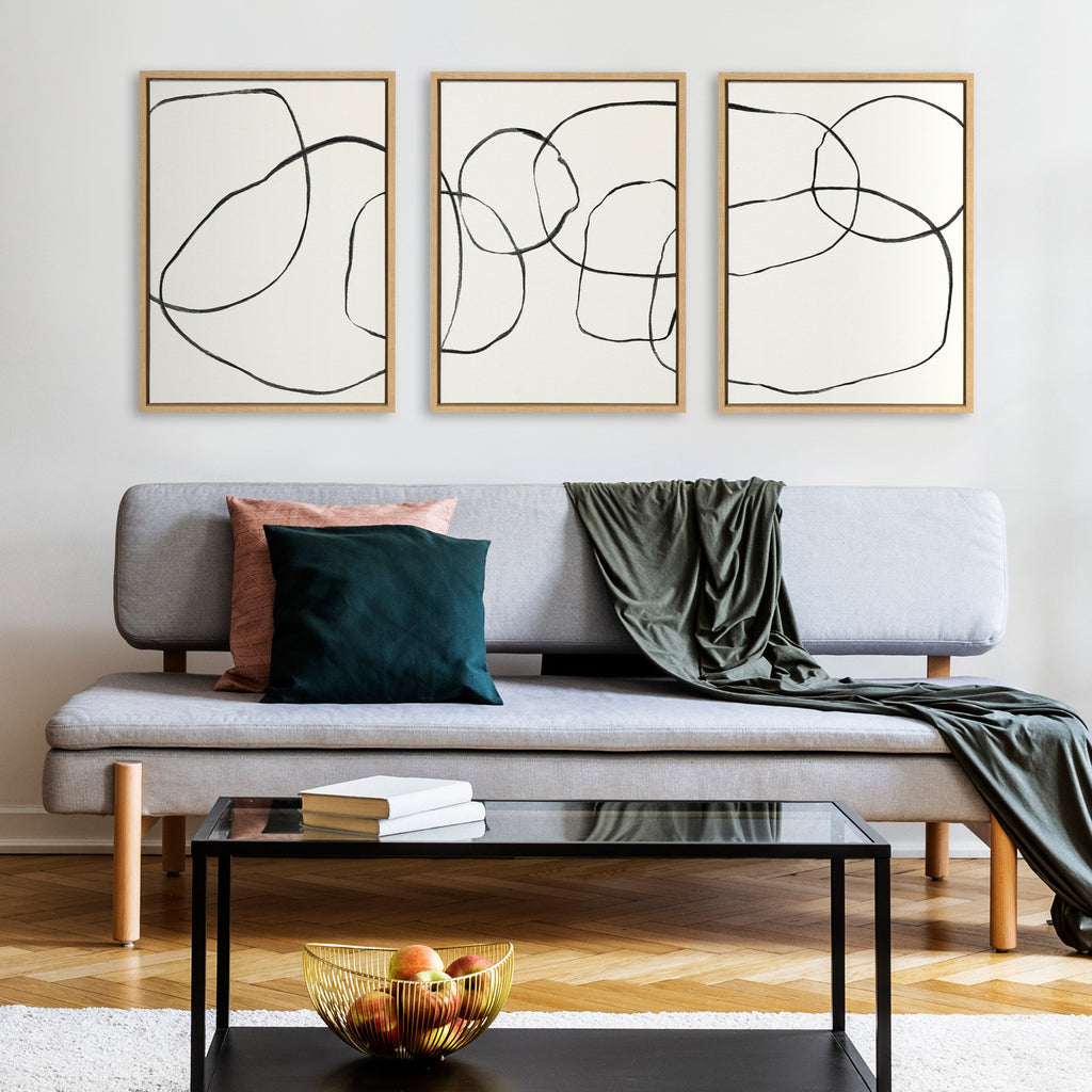 Sylvie Dancing Circles BW Framed Canvas Set of 3 by Teju Reval of SnazzyHues