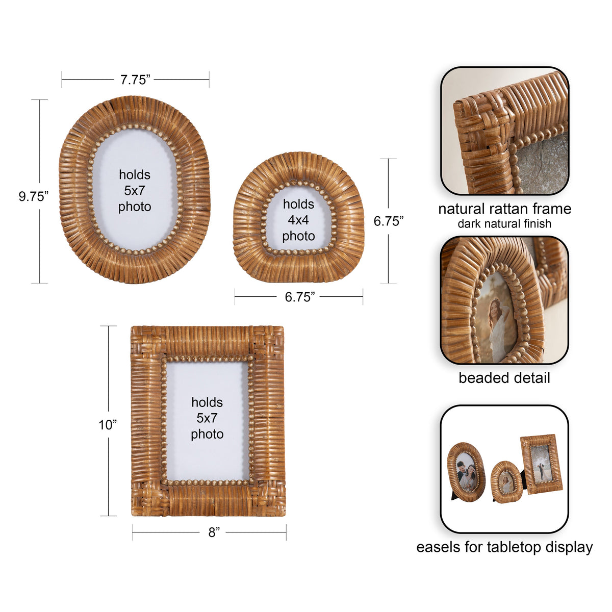 Rahfy Rattan Tabletop Picture Frames, Set of 3